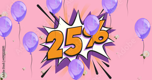 Image of blue balloons over 25 percentage text on pink background