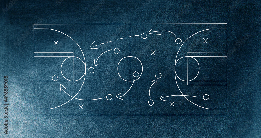 Obraz premium Image of sports tactics over basketball court and chalkboard background
