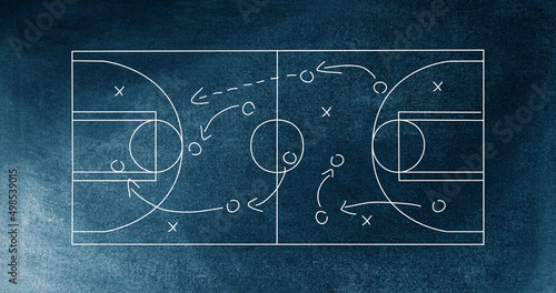 Image of sports tactics over basketball court and chalkboard background