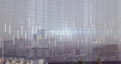 Image of financial data processing and stock market over cityscape