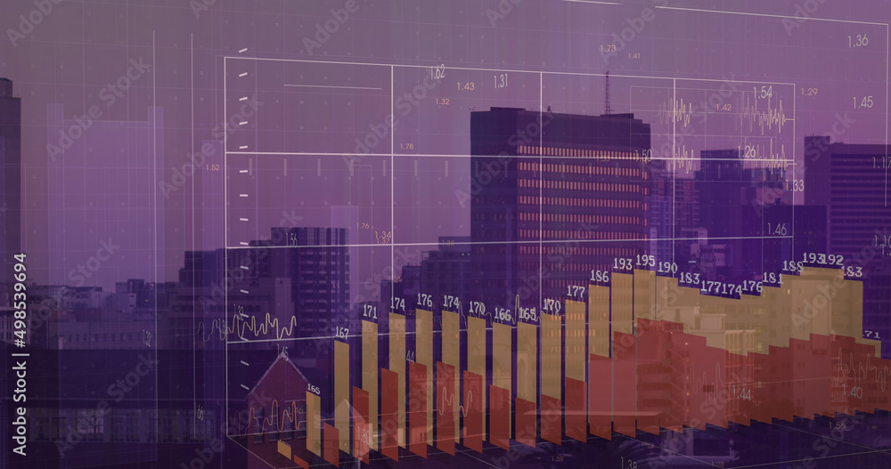 Naklejka premium Image of financial data processing over cityscape