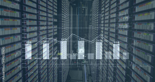 Image of financial data processing over server room