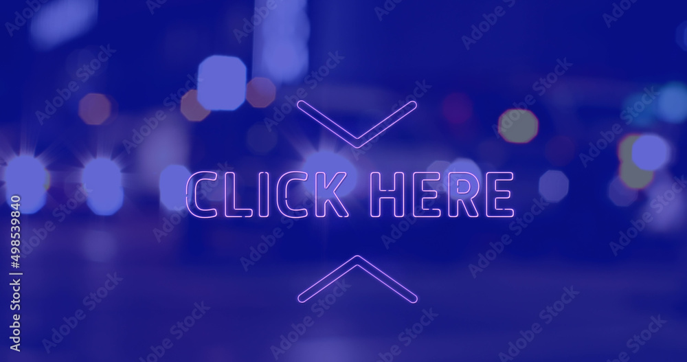 Image of click here text over cityscape at night on blue background Image of click here text over cityscape at night on blue background
