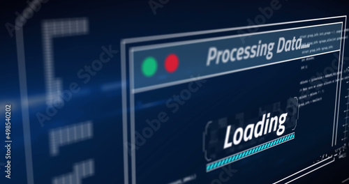 Image of data processing with loading bar on blue background