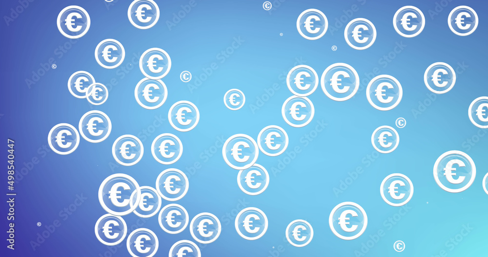 Image of euro currency signs pulsating on blue background