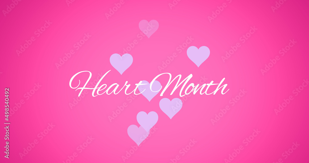 Image of heart month text over hearts on pink background