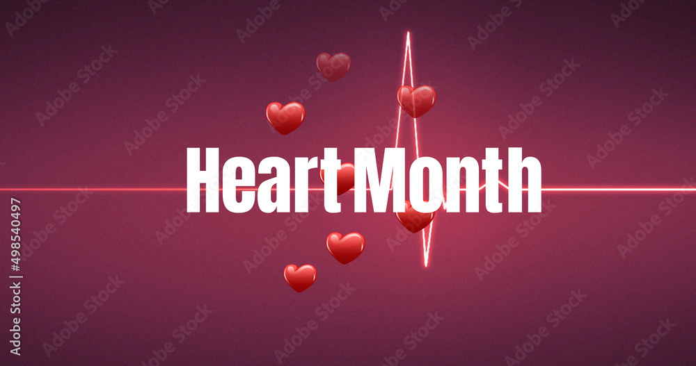 Image of heart month text over hearts and cardiogram on red background