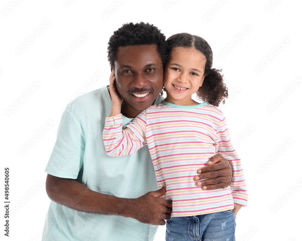 Portrait of happy African-American man and his little daughter on white background Portrait of happy African-American man and his little daughter on white background