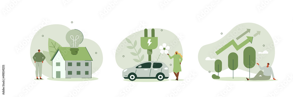 Green energy illustration set. Characters showing eco private house, electric car and green circular economy benefits. Renewable energy concept. Vector illustration. - obrazy, fototapety, plakaty 