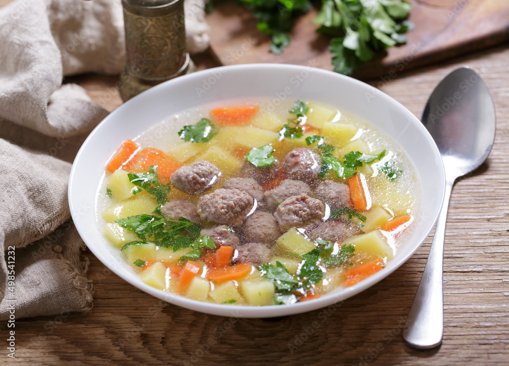 plate of soup with meatballs