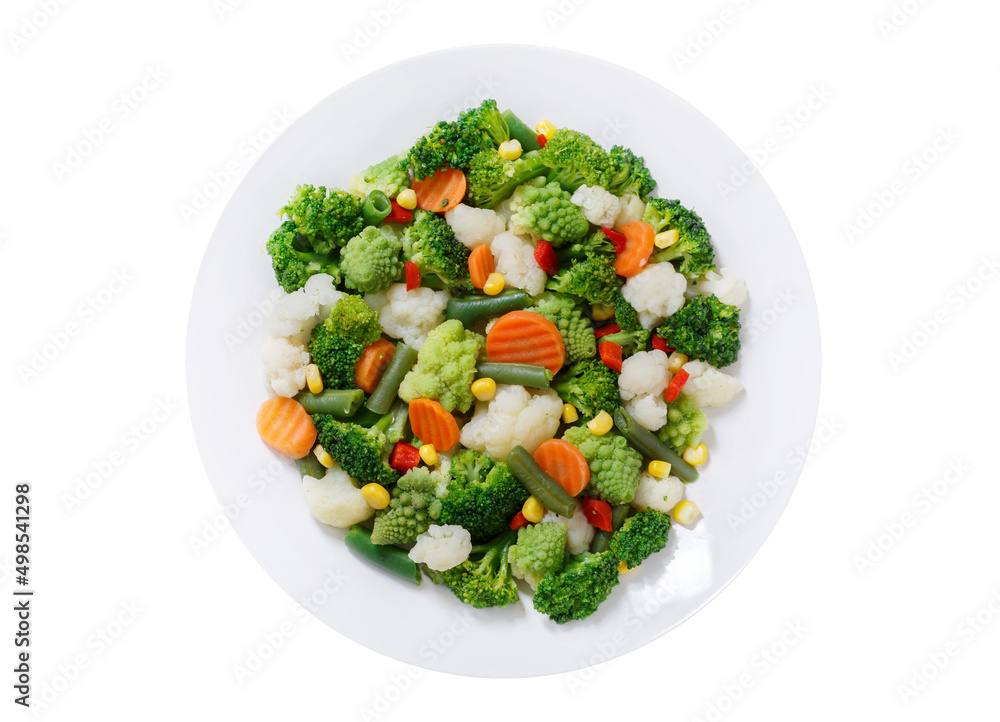 plate of steamed vegetables isolated on a white background plate of steamed vegetables isolated on a white background