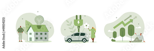 Green energy illustration set. Characters showing eco private house, electric car and green circular economy benefits. Renewable energy concept. Vector illustration.