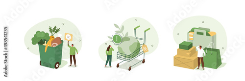 Food loss and waste illustration set. Characters trying to reduce food waste, meal garbage and overconsumption problem. Environment and resources problem concept. Vector illustration. photo