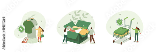 Flea market illustration set. Character buying second hand vintage clothes on street market. Sustainable eco fashion and clothes donating concept. Vector illustration.