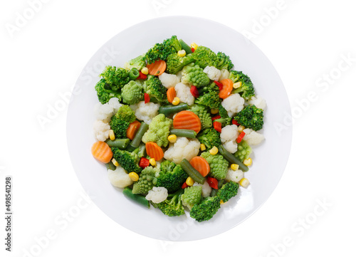 plate of steamed vegetables isolated on a white background