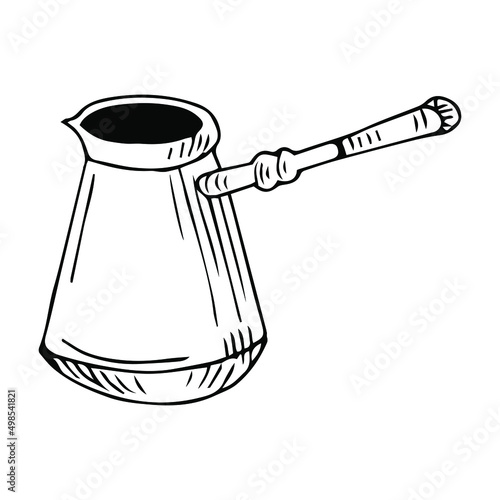 Cezva. Coffee maker. Dishes for brewing coffee. Coloring page. Black outline.