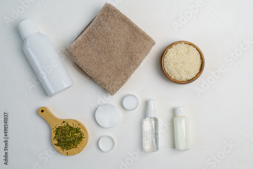 Fermented skin care cosmetic  with powerful nature fermentation ingredients rice  green tea leaves. Flat lay