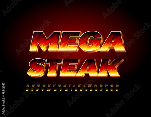 Vector bright Emblem Mega Steak.  Fire pattern Font. Flaming Alphabet Letters and Numbers set