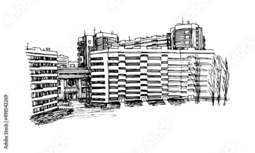 The courtyard of the residential area. Panel buildings in Saint-Petersburg. Vector illustration in black ink, isolated on a white background in a doodle and hand drawn style.