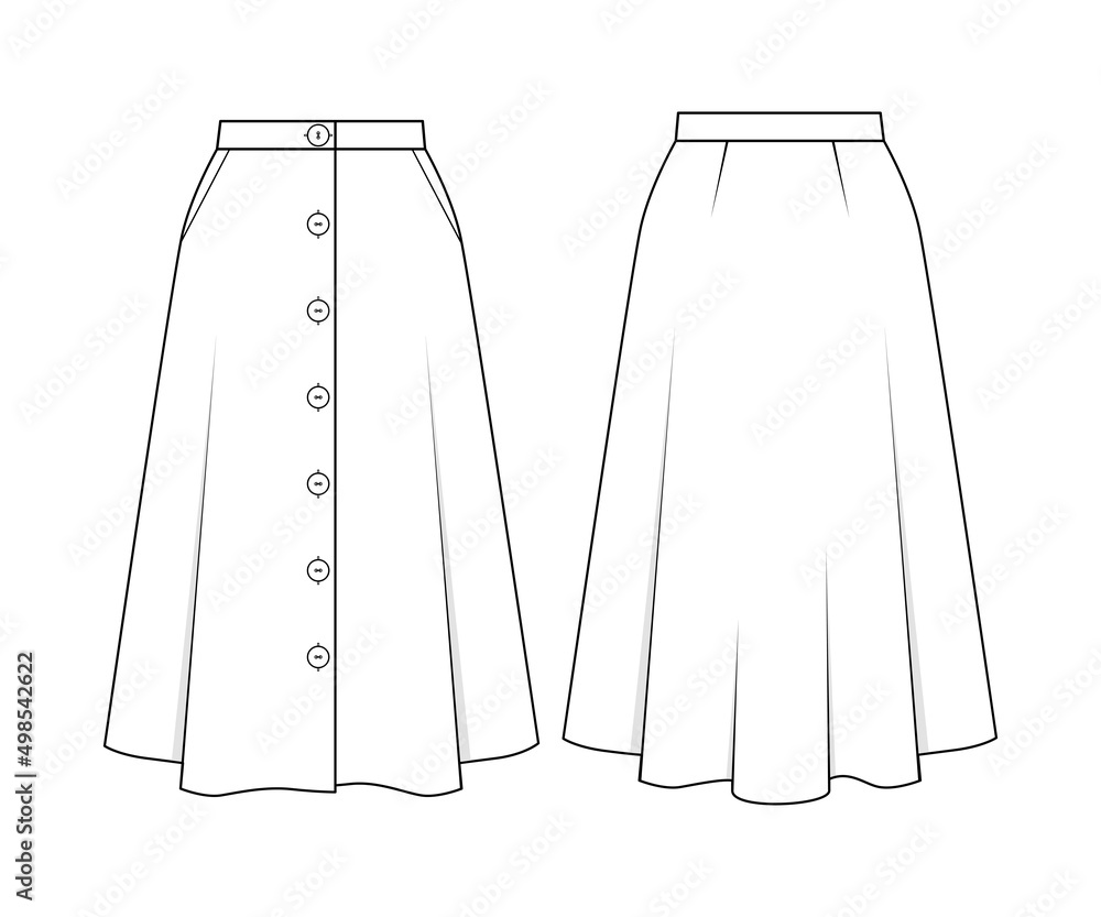 Fashion technical drawing of A-line midi skirt Stock Vector | Adobe Stock