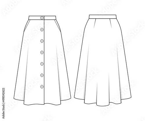 Fashion technical drawing of A-line midi skirt