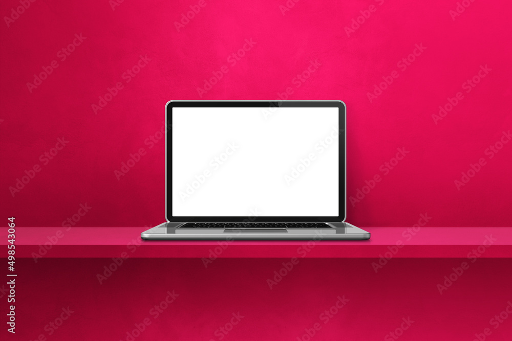 Laptop computer on pink shelf background Laptop computer on pink shelf background