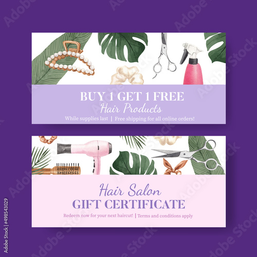 Voucher template with salon hair beauty concept,watercolor style
