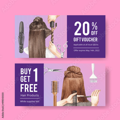 Voucher template with salon hair beauty concept,watercolor style