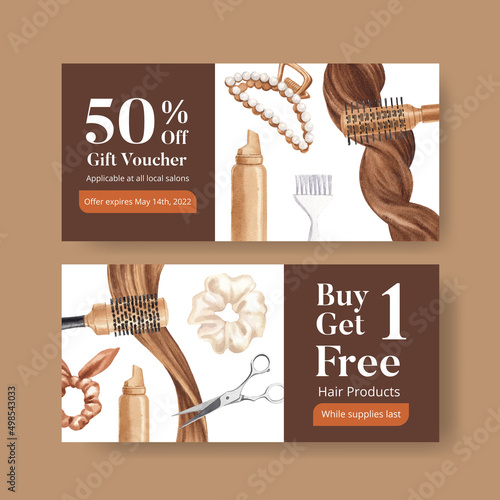 Voucher template with salon hair beauty concept,watercolor style