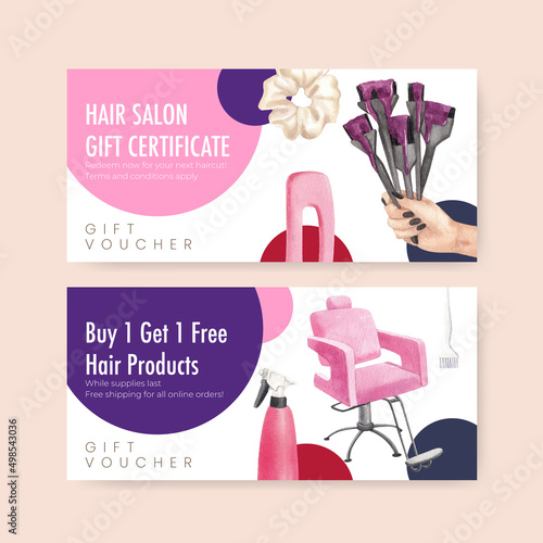Voucher template with salon hair beauty concept,watercolor style