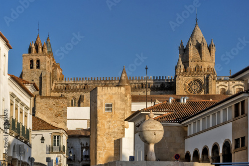The main façade of the Cathedral in Evora, Alentejo, Portugal