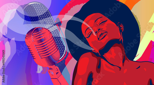 Afro hair woman singer dreaming and dancing. Music backround around retro mic