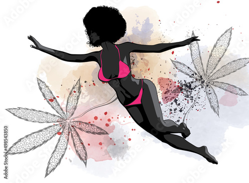 Naked or dressed bikini woman afro hair jumping or flying pose. Cannabis marijuana leafs around