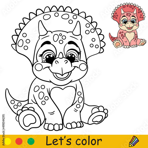 Cartoon baby dinosaur triceratops coloring book page vector