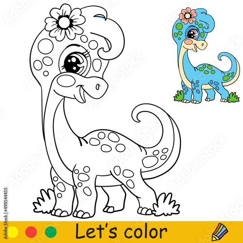 Cartoon cute dinosaur diplodocus girl coloring vector