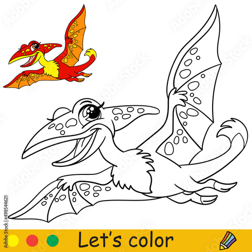 Cartoon cute dinosaur pterodactyl coloring book page vector