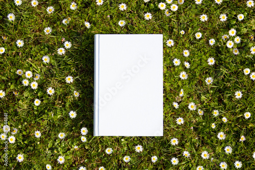 Book with a blank cover seen from above on a lawn with daisies.