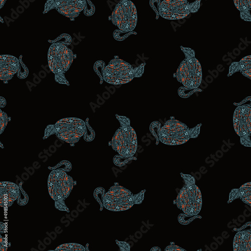 Seamless pattern with cute teapots. Background of doodle kettle decorative ceramic.