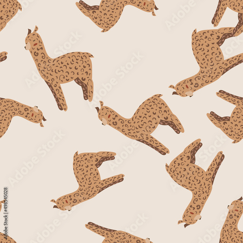 Cheerful alpaca seamless pattern. Background with funny llama in doodle style for fabric.