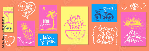 Hand drawn summer poster set with fruit, palm, sun, bike, calligraphy.