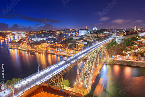 Porto, Portugal cityscape over the Douro River and Dom Louis Bridge