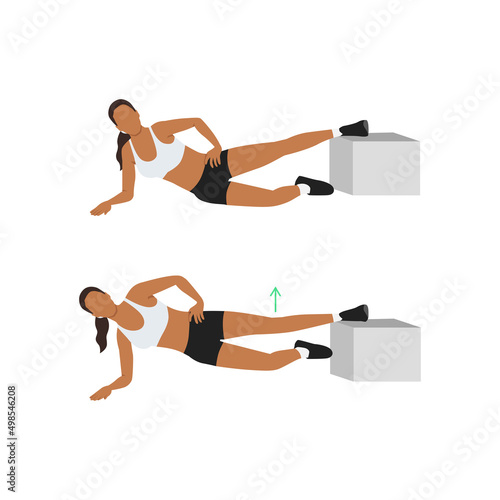 Woman doing Inner Thigh Raise to plank exercise flat vector illustration isolated on white background