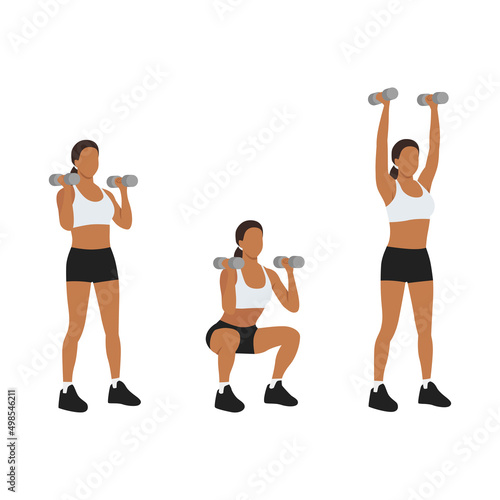 Woman doing Dumbbell thrusters. Squat to overhead press exercise. Flat vector illustration isolated on white background