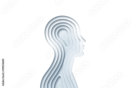 White paper cut man head illustration on isolated background. Modern 3D papercut craft people profile silhouette design for AI technology concept, psychology or human anatomy project.