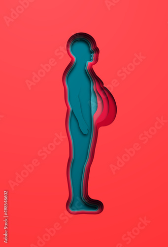 Paper cut man in full body profile view with layered overweight and athletic body image. Thin male getting obese or weight loss illustration concept. Obesity disease risk, eating disorder design.