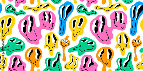 Funny melting smiling happy face colorful cartoon seamless pattern. Retro psychedelic drug effect smile icon background texture. Trendy character doodle wallpaper.