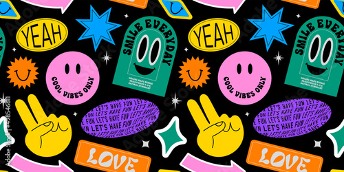 Funny smiling happy face colorful sticker label seamless pattern. Retro 90s smile icon tag background texture. Trendy sign wallpaper.
