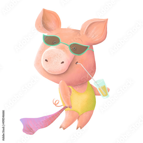 Lovely little pig with sunglasses drinks a cocktail and enjoys sunny day. Summer holidays. Cute cartoon character.