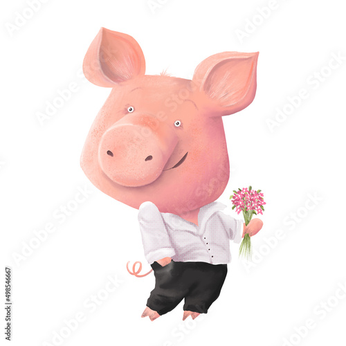 Lovely smiling elegant pig with flowers. Romantic piglet. Cute cartoon character.