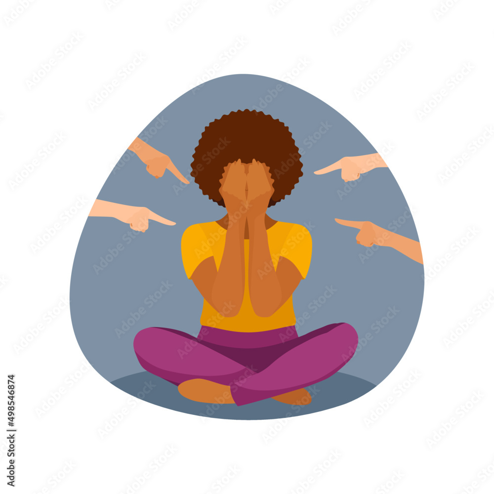 Dark-skinned girl sitting upset surrounded by pointing hands. Problem of humiliation, racism and bullying in human society. Flat vector illustration